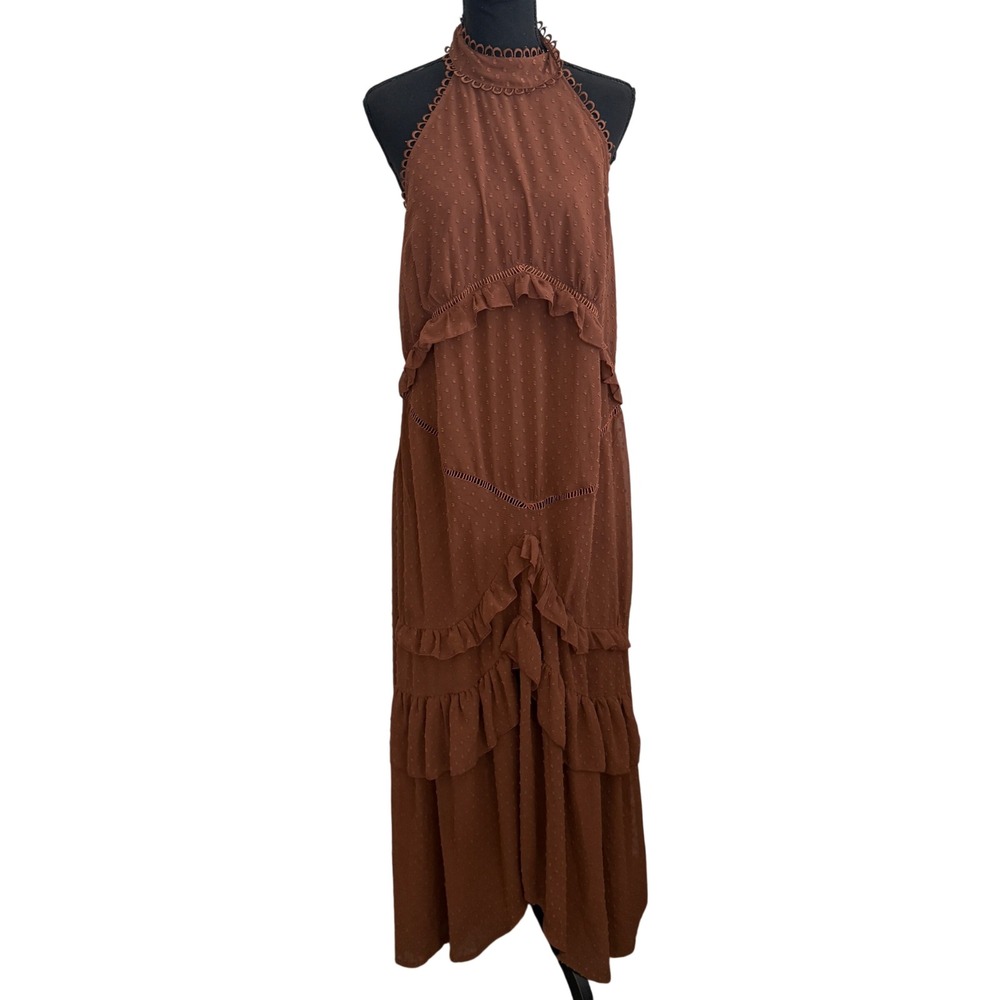 Boohoo Womens Brown Swiss Dot Halter Maxi Dress 12 Resort Vacation Boho Earthy